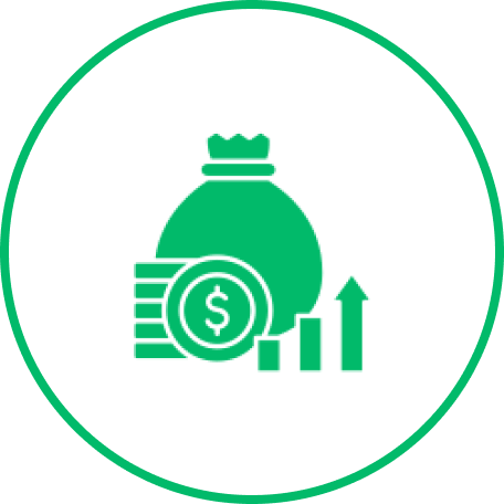 Money bag, coins, and growth chart icon.