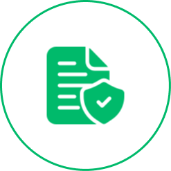 Green document with a shield and checkmark icon on white circle background.