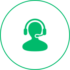 Green customer support icon with headset on white background.