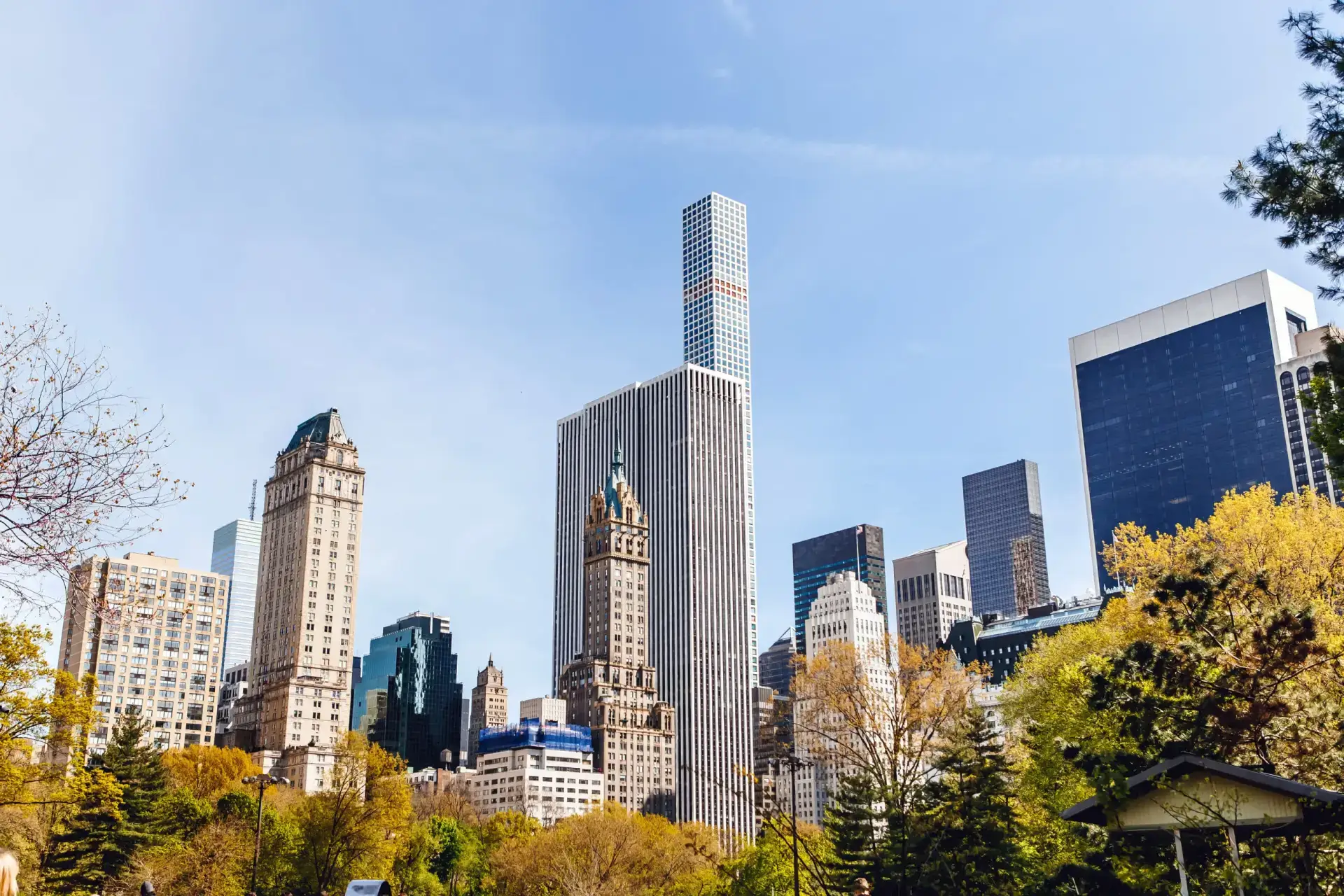 Manhattan skyline with autumn trees in foreground